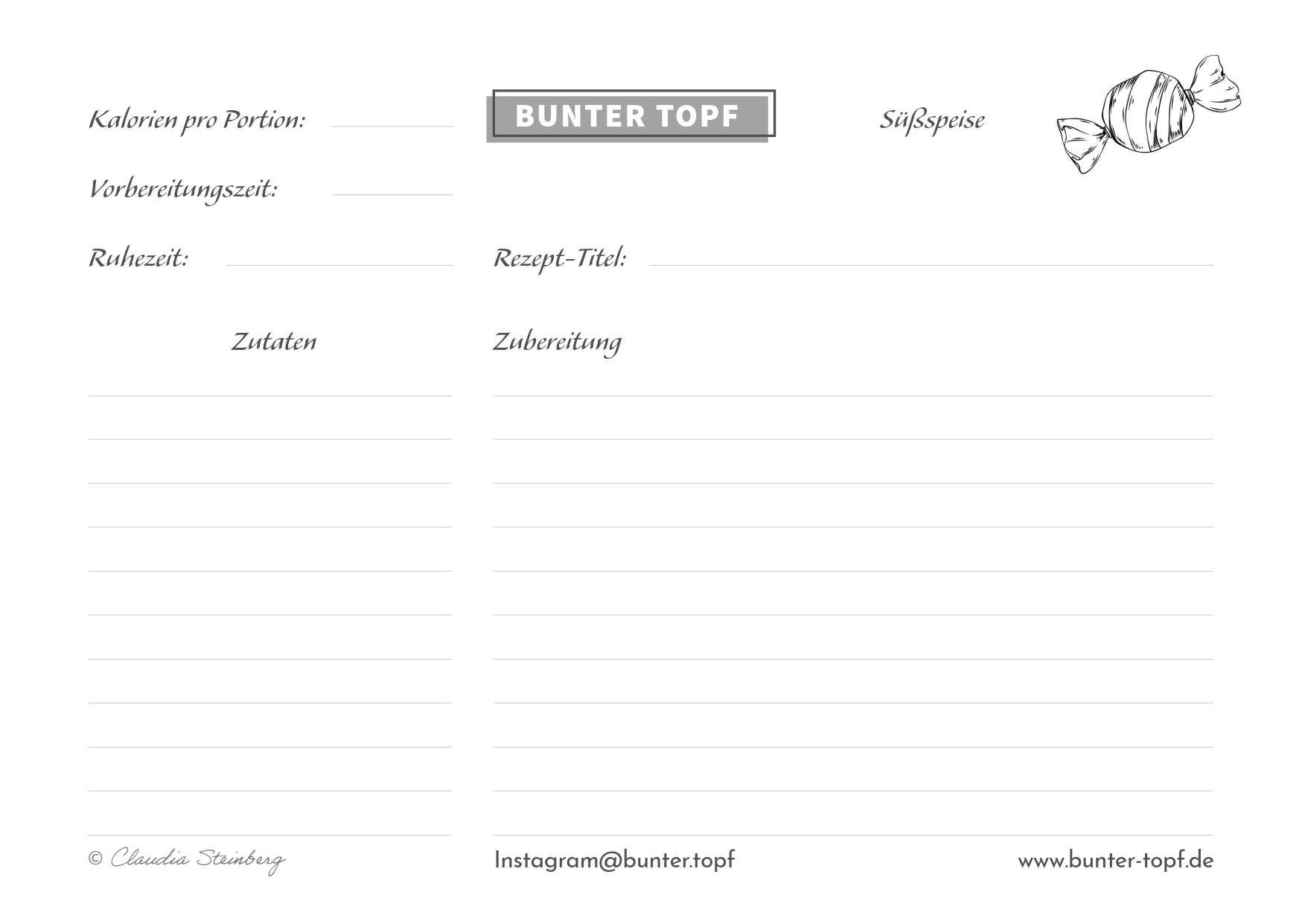 Rezeptkarte schwarz/wei&szlig; blanko Dessert